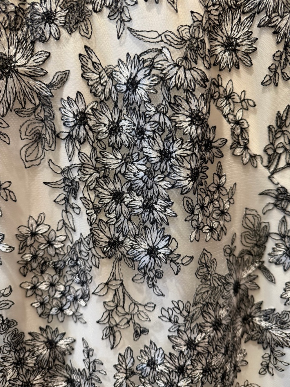 Tadashi Shoji White Dress with Black Floral Embroidery and Sheer Yoke - Picture 2 of 7